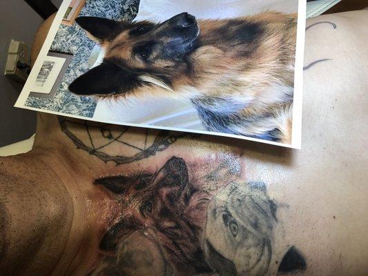 Every Tat has a meaning! My husband has portraits of all our dogs on his chest, Steve rocks at portraits!!