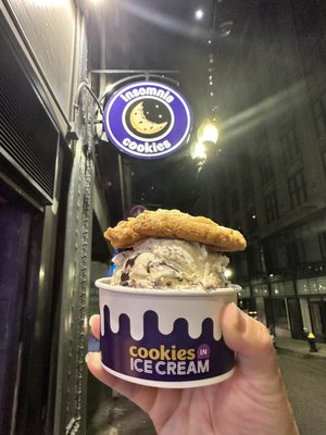 White Chocolate Macadamia Cookie with moose track and cookies & cream ice cream. Such a huge ice cream sandwich.