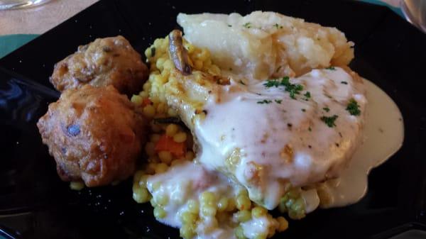 Chicken Couscous with vegetable fritters and boulangere potatoes