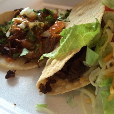 Pork taco, Ground beef hard shell.  Pork street taco was the best.