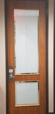 Dusted Crystal privacy film with a 1" clear border on glass in door