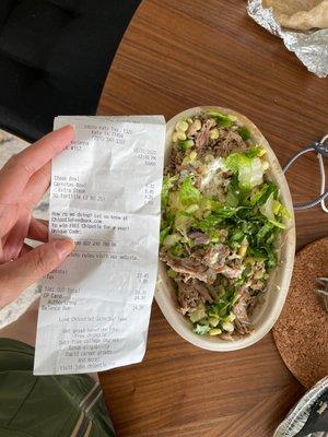 My steak bowl with "extra steak" that has no steak. Charged $9.30 + $4.50 for this one bowl.