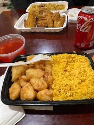 Sweet & sour chicken/ plain fried rice and pork fr with chicken wings