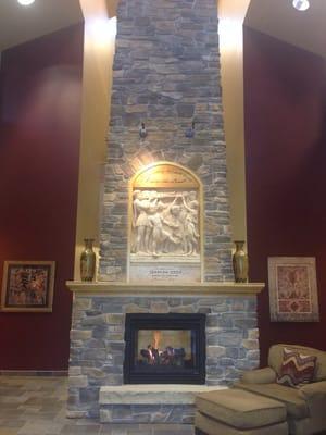 Lobby with fireplace.