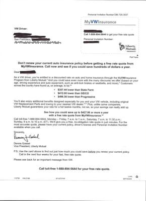 This is the piece of unsolicited paper Liberty Mutual's Dennis Goebel shoved through my mail slot.  Unwanted by me, the planet.