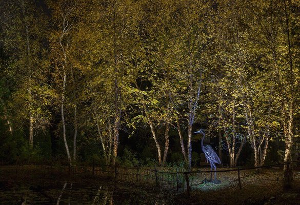 A stand of river birches and a rusty sculpture, balance is the key.