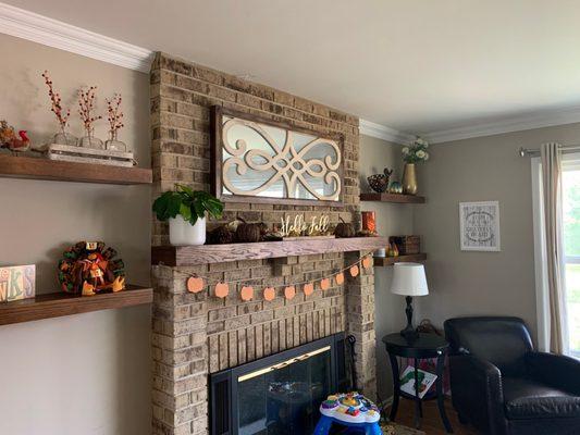 Custom mantel and floating shelves