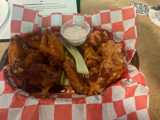 Wings. Half sweet and tangy half hot ranch.