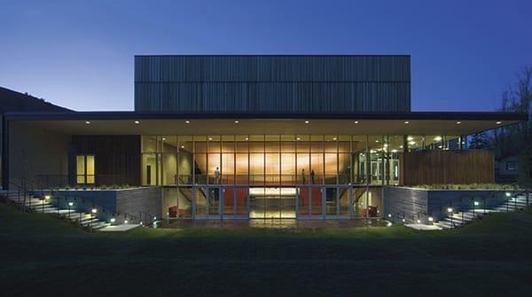 A view of our Center Lobby at Night from the Center Park.