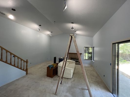 Lovely blue walls and white ceiling!