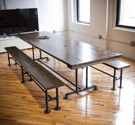 10' Industrial Conference Table with 2 matching benches. Top is stained Dark Walnut with Industrial metal base (pedestal style).