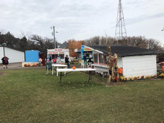 Farm2 food trucks reasonable $5 burger/dog and less for fries. Also donuts $5 bag or for 10-14 refillable mini tubs