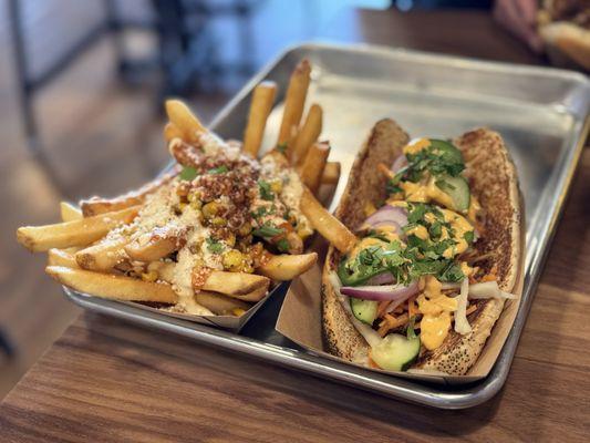 Elote fries and the bahn mi with veggie dog!