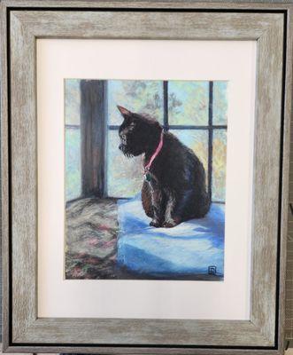 This soft pastel painting of a cat just thinking about the lizard on the window iis ready to hang.  Framed 11x14.