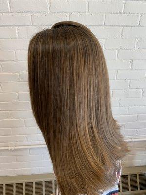 Color correction for a young girl that received a bad color. Warm Carmel highlights to compliment her chocolate brown hair!