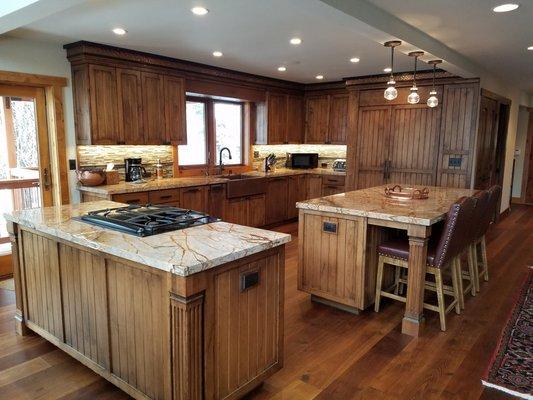 Distressed custom alder cabinets located on Donner Lake CA.