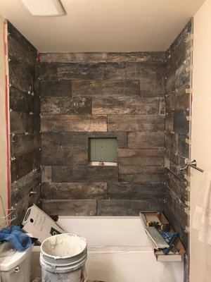 Another shower wall we did. I love the wood/rustic look!