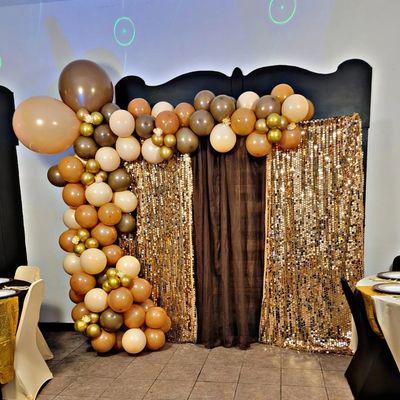 10 x 10 Backdrop: Sequin & Sheer Fabrics with 20ft Balloon Garland