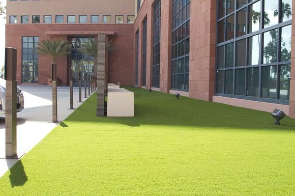 Fake turf grass in the front.