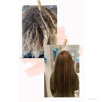 Before and after on curly hair blonde to light