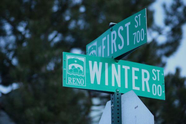 Winter Street and First Street in Reno, Nevada.