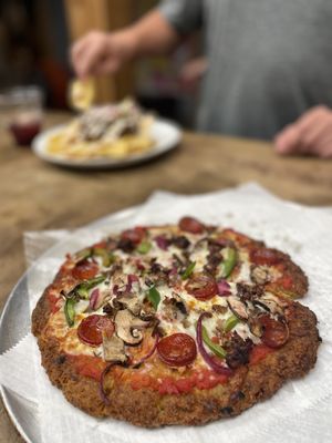 Gluten free, chicken crust, supreme pizza