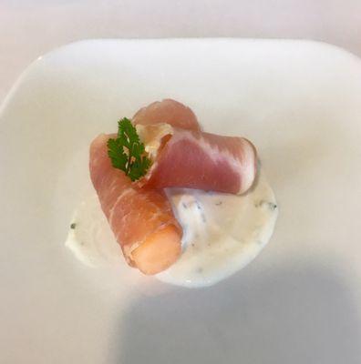 -Amuse Bouche- Melon, prosciutto, mint, yogurt