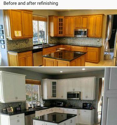 Before and after refinishing of existing kitchen cabinets