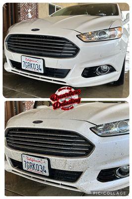 Before and after shot of the front of a Ford Fusion.