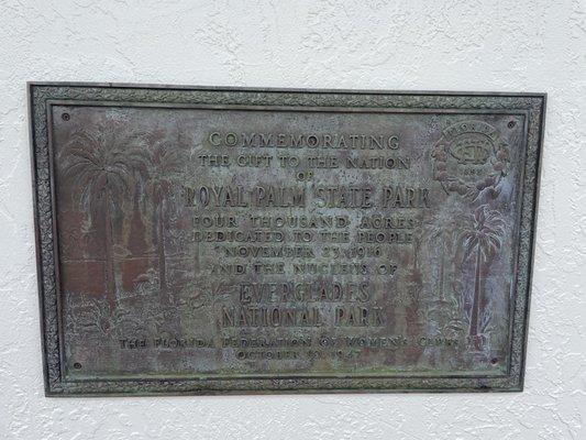 Placard from the Royal Palm Hammock State Park which burned down. This park helped inspired the creation of Everglades National Park.