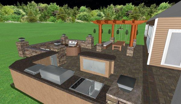 3D Design, outdoor kitchen, patio, pergola, retaining wall, seating wall, fire pit and lighting