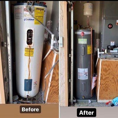 Before/After picture of a New Water Heater Installation