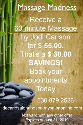 60 min Massage with Jodi Carlson for $55.00. That's a $30.00 savings. Expires August 31, 2019