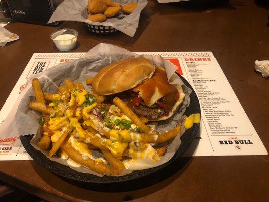 Angry goat burger and loaded fries