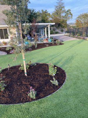 Here, we did: Artificial turf/ planters/ plants/ mulch/ landscape lights/ irrigation/ Drains