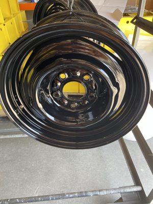 15" rims for 1946 Chevy pick up truck coated in a high gloss black.