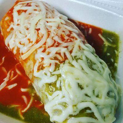 Half green half red Wet Burrito!!! $6.99 + tax