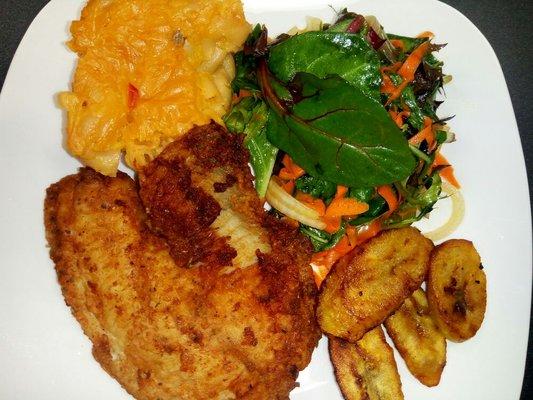 Fried Tilapia with Vegan Baked Macaroni and Cheese, Organic Marinated Salad and Plantain.