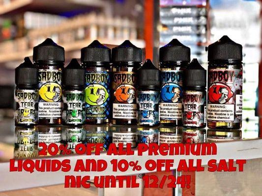 20% off ALL premium liquid and 10% off all Salt Nic liquid from 12/21 to 12/24! Hurry in and grab something new!