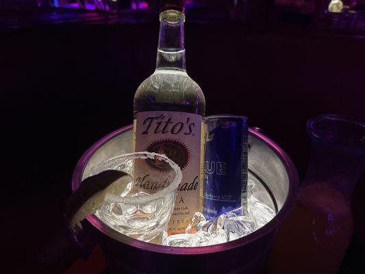 A bottle of Tito's vodka in a V.I.P. booth at lido cabaret in Cocoa Beach FL.