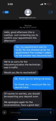 Text messages between me and the owner of Lashtyp after no one showed up for my appointment.