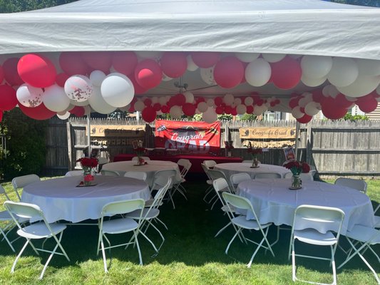 20x20 tent package with 4 round tables, 40 chairs, and 6 ft banquet table. We added another 6 ft banquet.