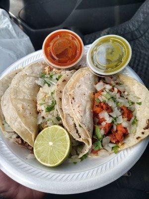 4 tacos (asada, pollo, barbacoa, and Pastor)