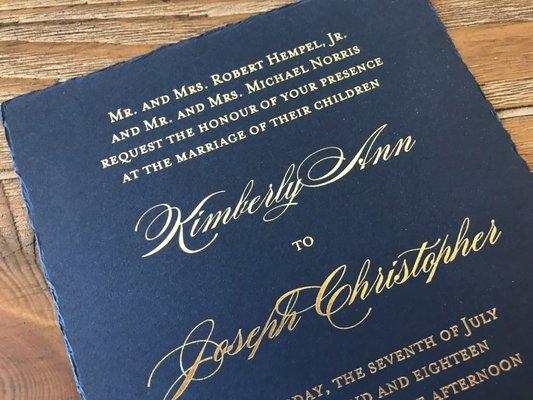 Navy Deckle Edge Wedding Invitations with Gold Foil