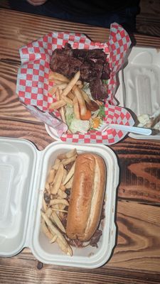 Steak sandwich with fries and steak plate with fries and salad