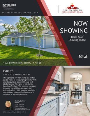 Just Listed!  4103 Brown St, Bacliff, Tx 77518
  
  Go to https://pages.kw.com/christy-bohlen/353035/410­3brown.html for more information.