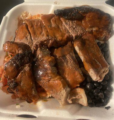 Steak, rice and beans, and pico de gallo