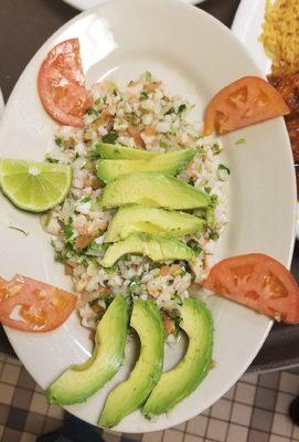 Ceviche: Steamed fish and shrimp with lime juice, onions, tomatoes, cilantro and avocado. ( Jalapeño available upon request)