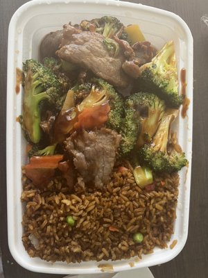 Beef and Broccoli with pork fried rice