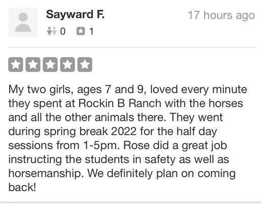 5 star review for Rockin' B Ranch. Yelp removed it.